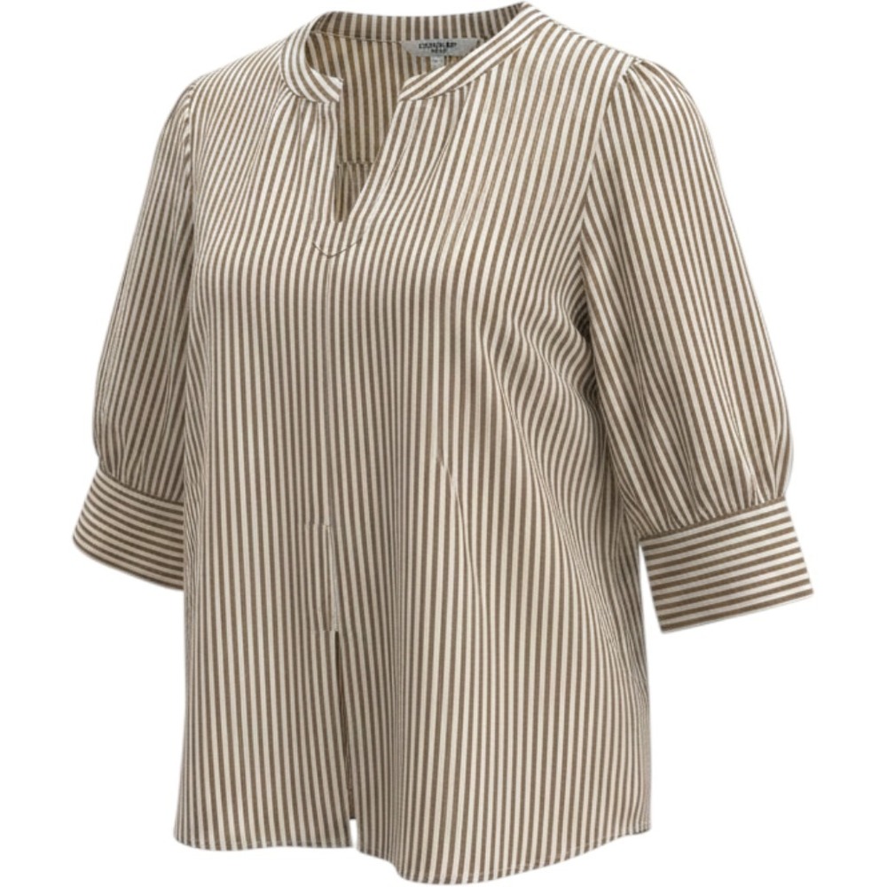 Velvet Heart Blouse Womens Large Tan Striped Seersucker Puff Sleeve Excellent